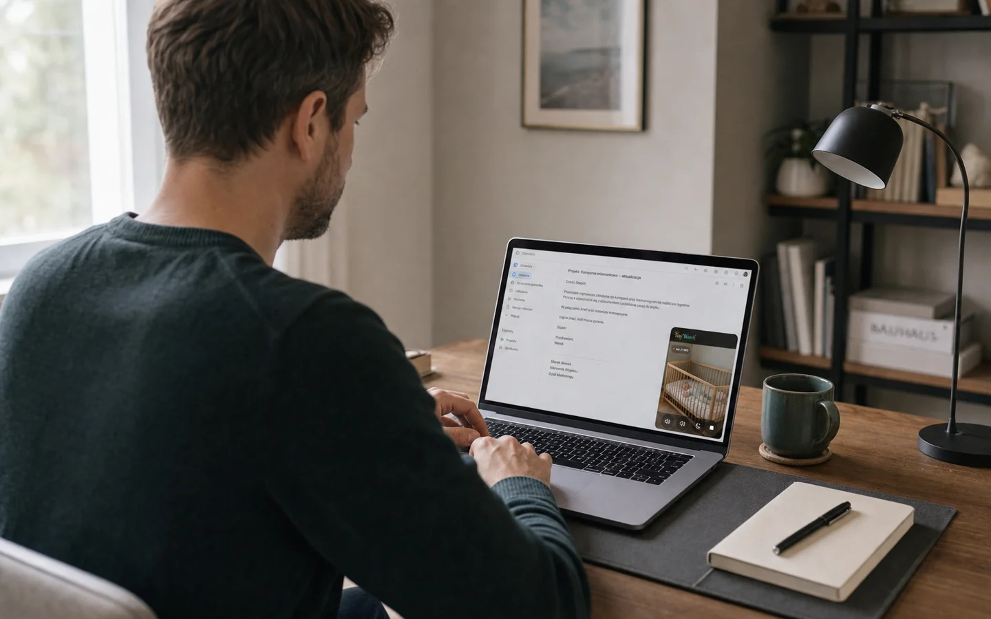 A father working on a laptop with the TinyWatch live view open in a small window beside a document