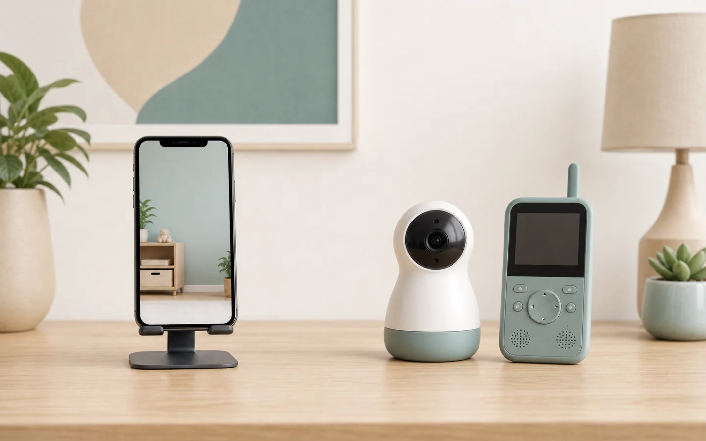 Illustration of decision criteria for choosing between a baby monitor app and dedicated hardware