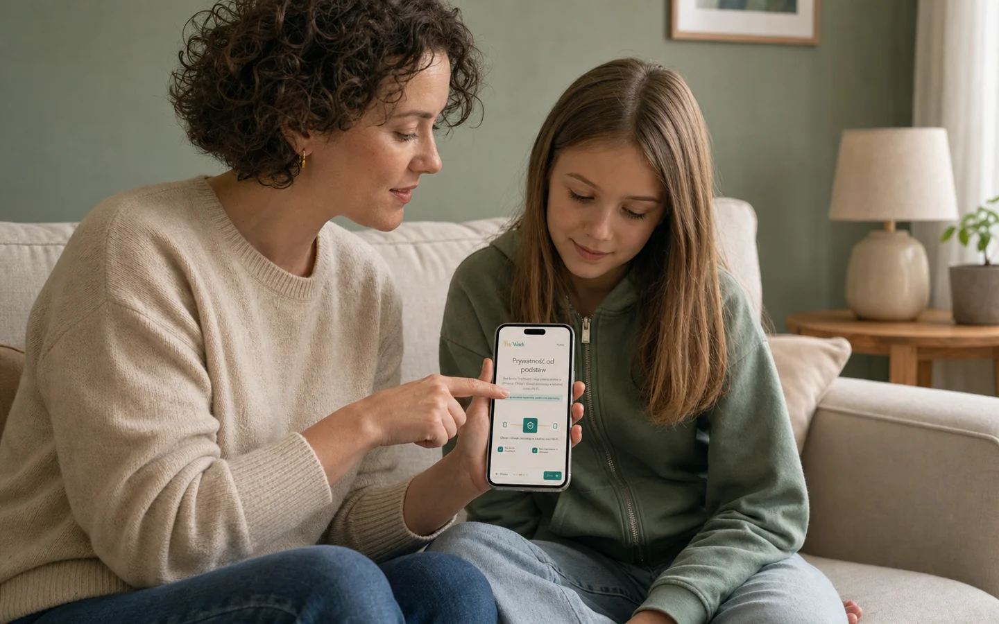 A mother explaining the TinyWatch privacy screen on an iPhone to her older child