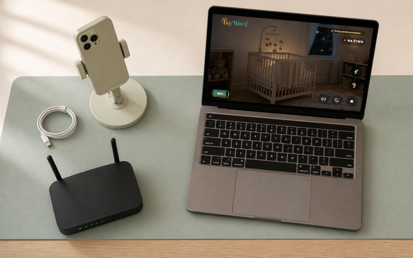 Overhead view of an iPhone used as the room camera, a home Wi-Fi router, and a laptop showing the local TinyWatch live view