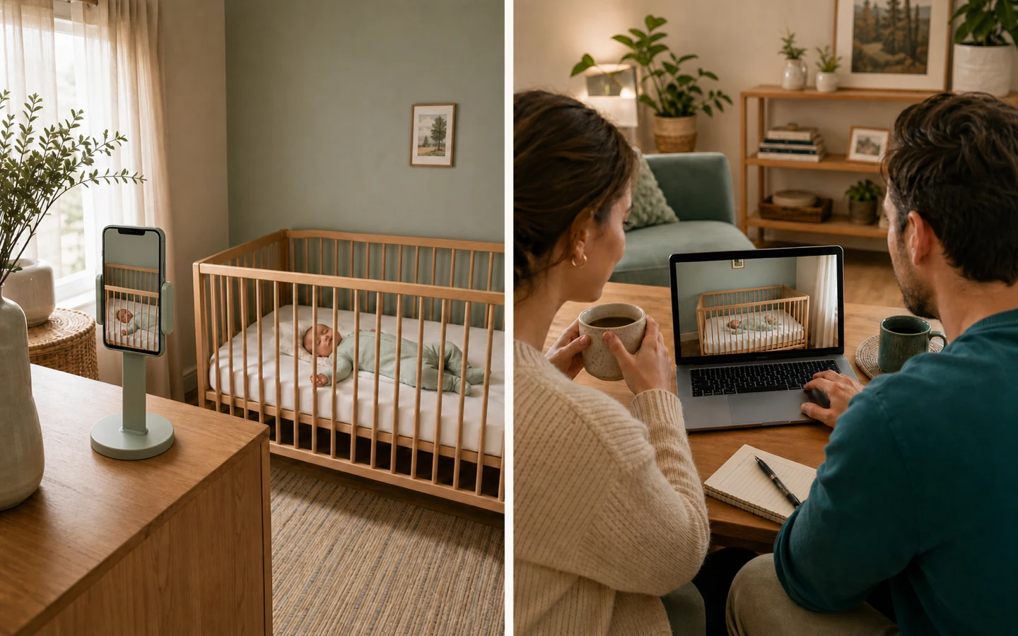 Two photos showing an iPhone facing a sleeping baby and parents watching the TinyWatch live view on a laptop in another room