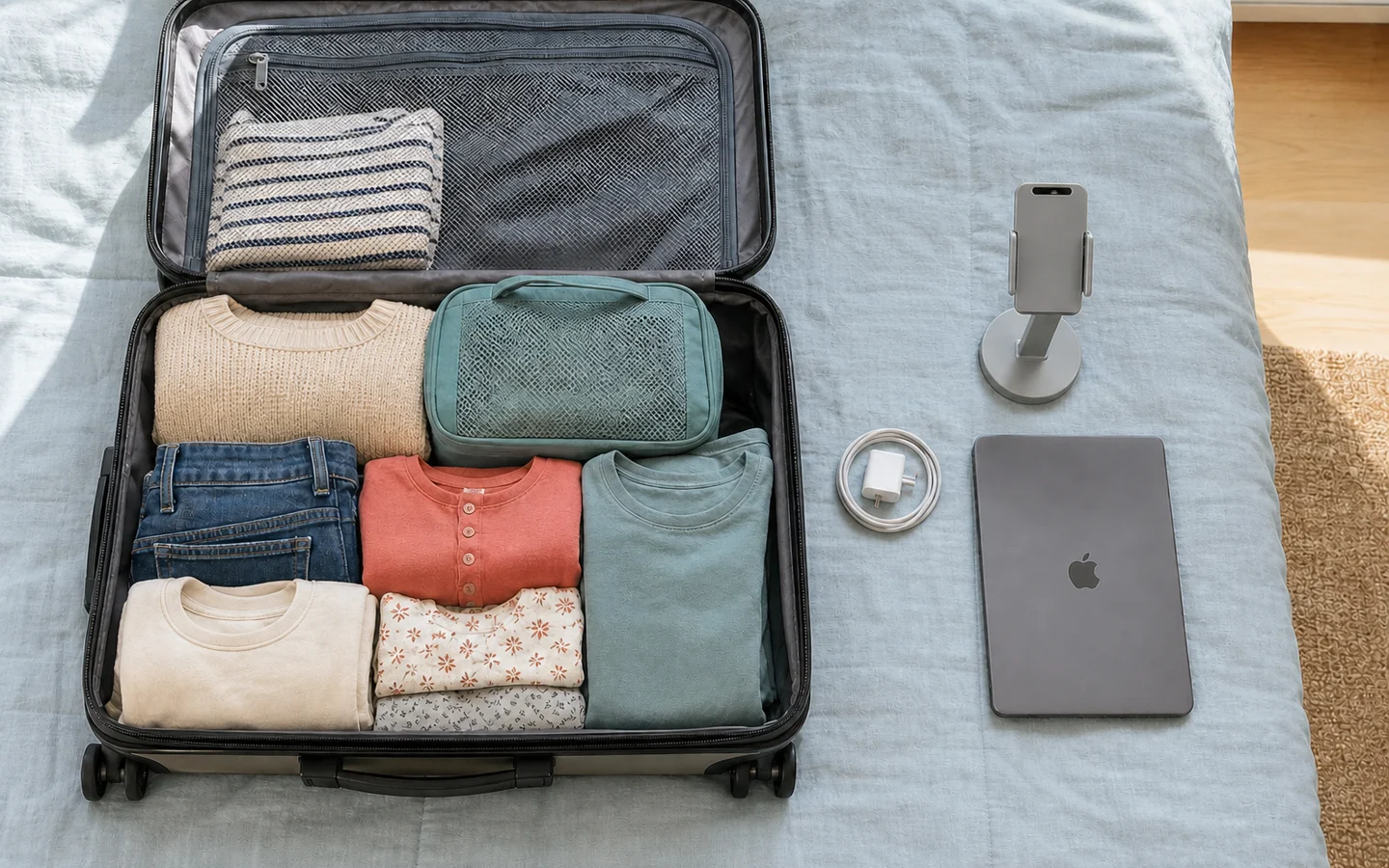 An open suitcase with an iPhone in a stable stand, a charger, and a laptop ready for a trip