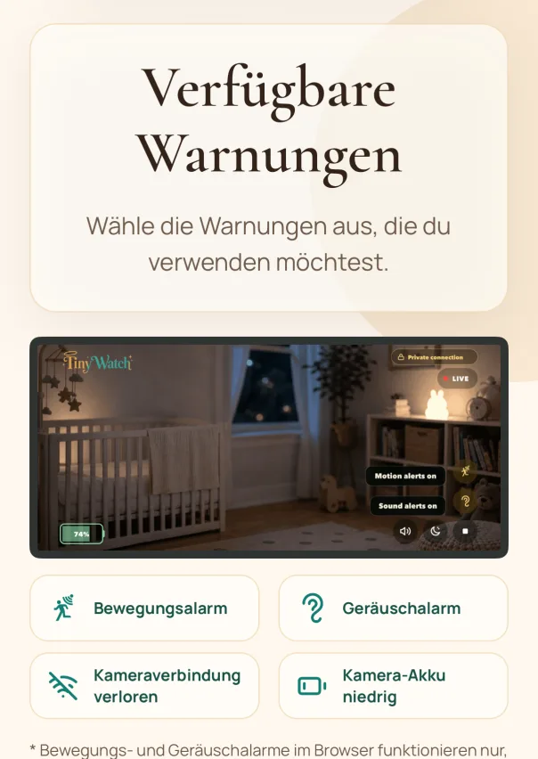 Live zusehen. Sieh und hör live in den Raum. Schalte Bewegungs- und Tonalarme ein, wenn du sie brauchst. Bewegungs- und Geräuschalarme im Browser funktionieren nur, solange die TinyWatch-Monitorseite geöffnet und sichtbar ist. Bei minimiertem Browser oder kleinem Videofenster sind sie nicht aktiv.
