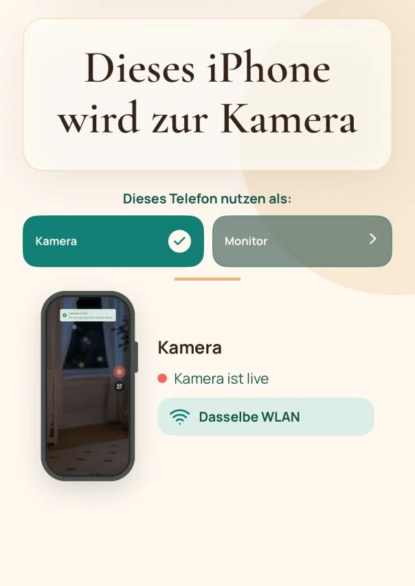Kamera-Telefon einrichten. Installiere TinyWatch auf dem iPhone, das im Raum bleibt, und wähle den Kamera-Telefon-Modus.