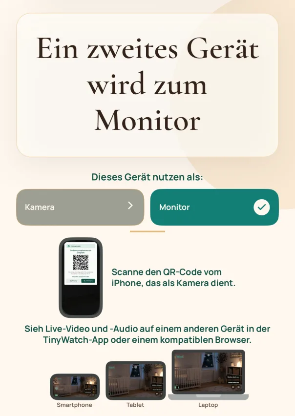 Monitor verbinden. Scanne den QR-Code mit einem iPhone, iPad oder Mac, auf dem TinyWatch installiert ist. Du kannst den Link auch kopieren und ohne TinyWatch-Installation in einem kompatiblen Browser auf einem beliebigen Gerät öffnen.