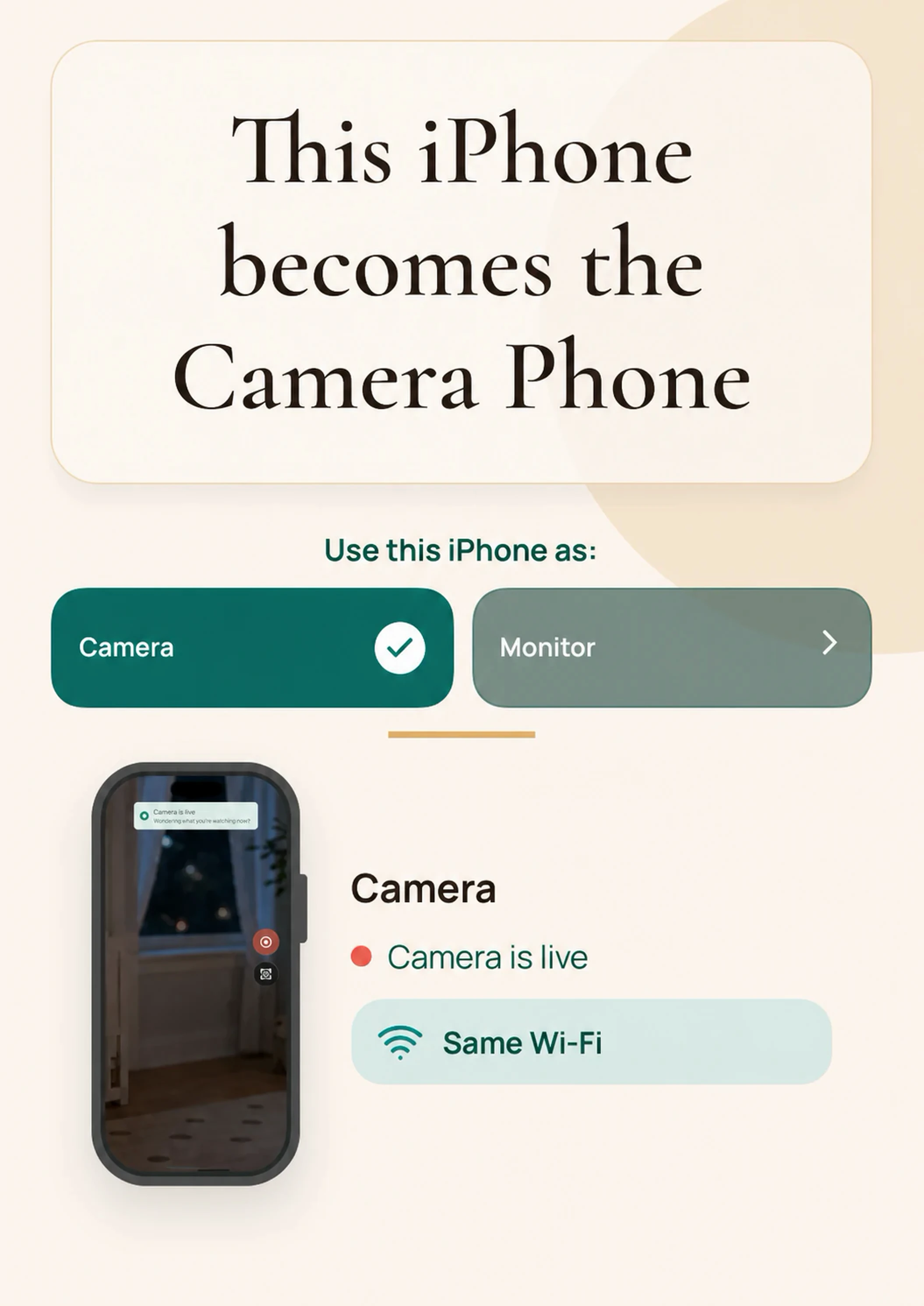 Set up the Camera Phone. Install TinyWatch on the iPhone that will stay in the room, then choose Camera Phone Mode.
