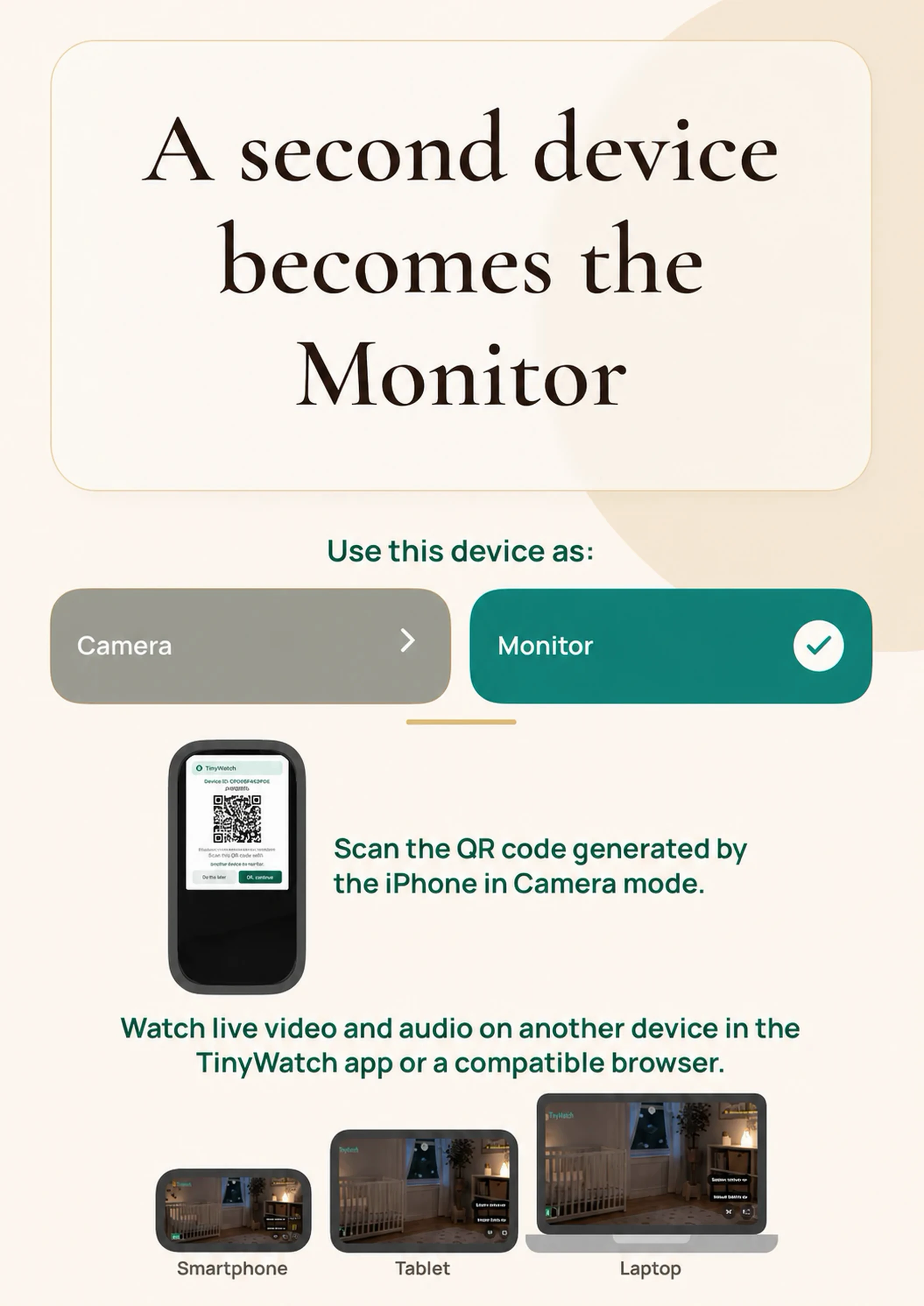 Connect a Monitor. Scan the QR code with an iPhone, iPad, or Mac that has TinyWatch installed. Or copy the link and open it in a compatible browser on any device—no TinyWatch installation needed.