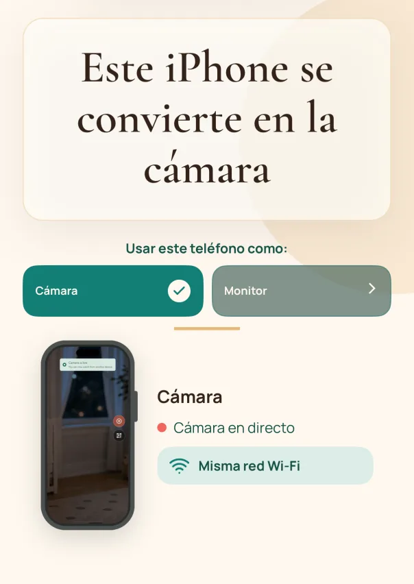 Configura el Teléfono-Cámara. Instala TinyWatch en el iPhone que se quedará en la habitación y elige el modo Teléfono-Cámara.