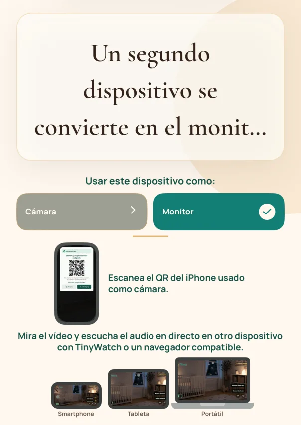 Conecta un monitor. Escanea el código QR con un iPhone, iPad o Mac que tenga TinyWatch instalado. También puedes copiar el enlace y abrirlo en un navegador compatible en cualquier dispositivo, sin instalar TinyWatch.