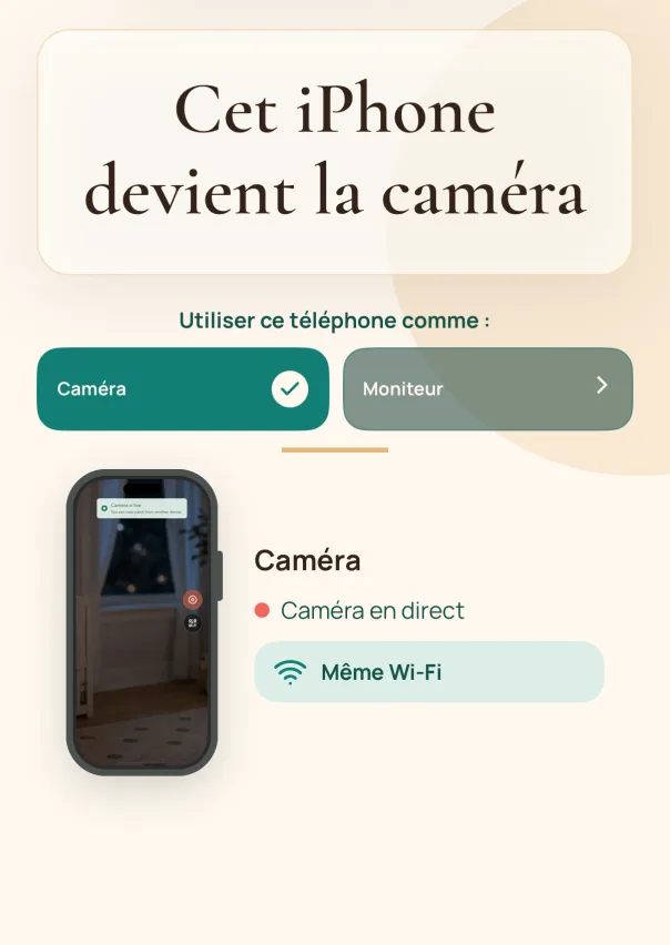 Configurez le Téléphone-Caméra. Installez TinyWatch sur l’iPhone qui restera dans la chambre, puis choisissez le mode Téléphone-Caméra.