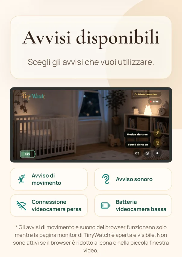 Guarda in diretta. Guarda e ascolta la stanza in diretta. Attiva gli avvisi di movimento e suono quando ti servono. Gli avvisi di movimento e suono del browser funzionano solo mentre la pagina monitor di TinyWatch è aperta e visibile. Non sono attivi se il browser è ridotto a icona o nella piccola finestra video.