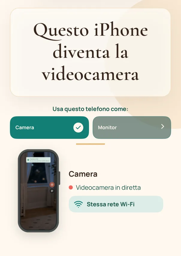 Configura il Telefono-Camera. Installa TinyWatch sull’iPhone che resterà nella stanza, quindi scegli la modalità Telefono-Camera.