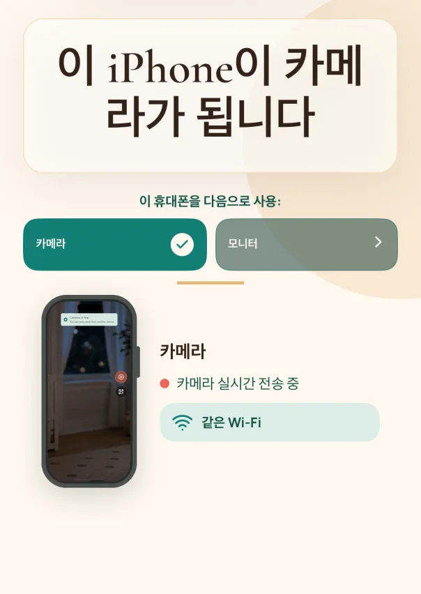 카메라 폰 설정. 방에 둘 iPhone에 TinyWatch를 설치하고 카메라 폰 모드를 선택하세요.