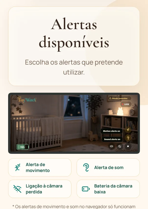Vê em direto. Vê e ouve o quarto em direto. Ativa os alertas de movimento e som quando precisares deles. Os alertas de movimento e som no navegador só funcionam enquanto a página do monitor TinyWatch estiver aberta e visível. Não ficam ativos com o navegador minimizado nem na pequena janela de vídeo.