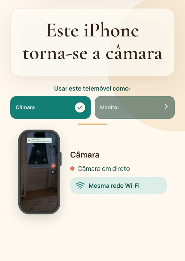 Configura o Telemóvel Câmara. Instala o TinyWatch no iPhone que ficará no quarto e escolhe o modo Telemóvel Câmara.
