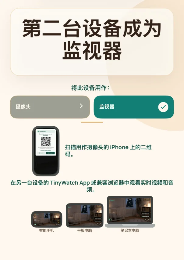 连接监看设备. 用已安装 TinyWatch 的 iPhone、iPad 或 Mac 扫描二维码。你也可以复制链接，在任意设备的兼容浏览器中打开，无需安装 TinyWatch。