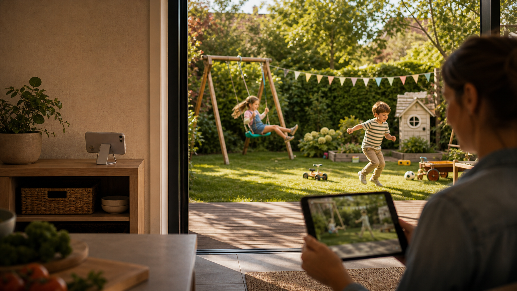 Des enfants jouent dans un jardin pendant qu’un adulte vérifie la caméra depuis l’intérieur