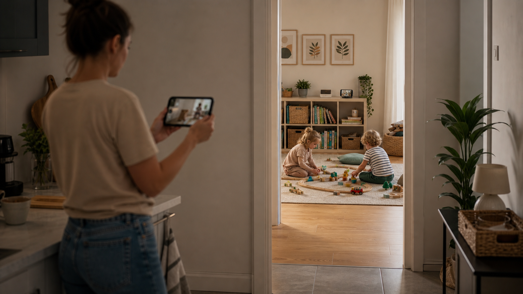 Des enfants jouent dans une salle séparée pendant qu’un adulte vérifie la caméra depuis la cuisine